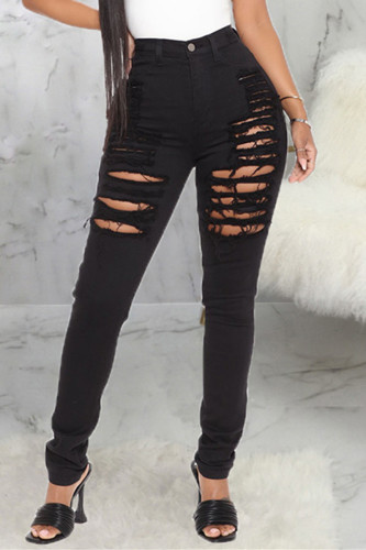 Black Fashion Casual Solid Ripped High Waist Skinny Denim Jeans