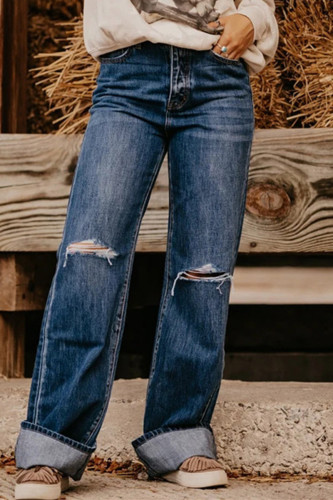 Dark Blue Fashion Casual Solid Ripped High Waist Straight Denim Jeans