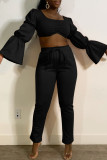 Black Fashion Casual Solid Basic Square Collar Long Sleeve Two Pieces