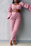 Pink Fashion Casual Solid Basic Square Collar Long Sleeve Two Pieces