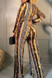 Yellow Brown Casual Print Patchwork V Neck Straight Jumpsuits