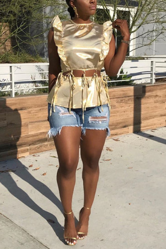 Gold Fashion Sexy Ruffled Sleeveless Top