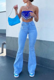 Baby Blue Fashion Casual Solid High Waist Boot Cut Denim Jeans