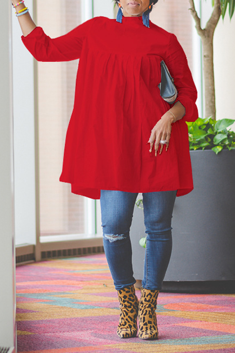 

Red Fashion Solid Color Pleated Top Shirt