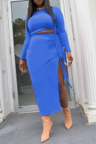 Blue Sexy Solid High Opening O Neck Plus Size Two Pieces