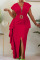 Red Elegant Solid Patchwork Flounce Slit Asymmetrical V Neck One Step Skirt Dresses