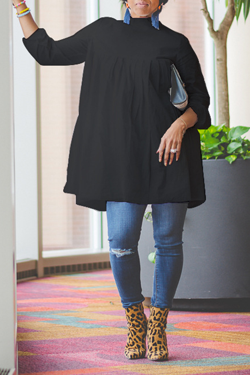 

Black Fashion Solid Color Pleated Top Shirt