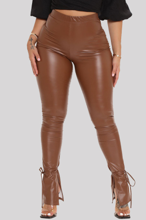 Camel Fashion Casual Solid Slit Skinny High Waist Pencil Trousers