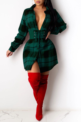 Green Casual Plaid Print Patchwork Buckle Turndown Collar Shirt Dress Dresses(Without Belt)