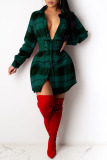 Red Casual Plaid Print Patchwork Buckle Turndown Collar Shirt Dress Dresses(Without Belt)