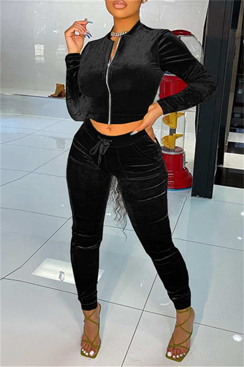 

Black Fashion Casual Solid Basic Zipper Collar Two Pieces