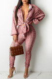 Pink Casual Print Split Joint Buckle Turndown Collar Long Sleeve Two Pieces