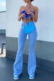 Baby Blue Fashion Casual Solid High Waist Boot Cut Denim Jeans
