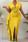 Yellow Elegant Solid Split Joint Flounce Slit Asymmetrical V Neck One Step Skirt Dresses