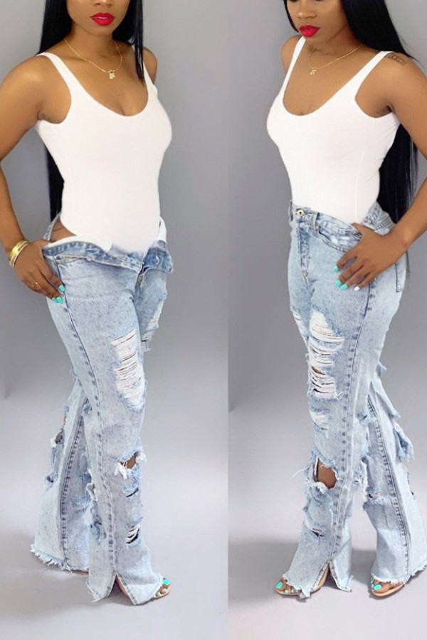 Light Blue Fashion Front And Rear Shredded Black Jeans