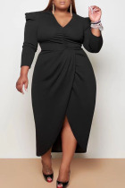 Black Casual Solid Patchwork Fold Asymmetrical V Neck Princess Plus Size Dresses