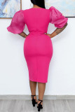 Pink Fashion Casual Solid Patchwork V Neck Dresses