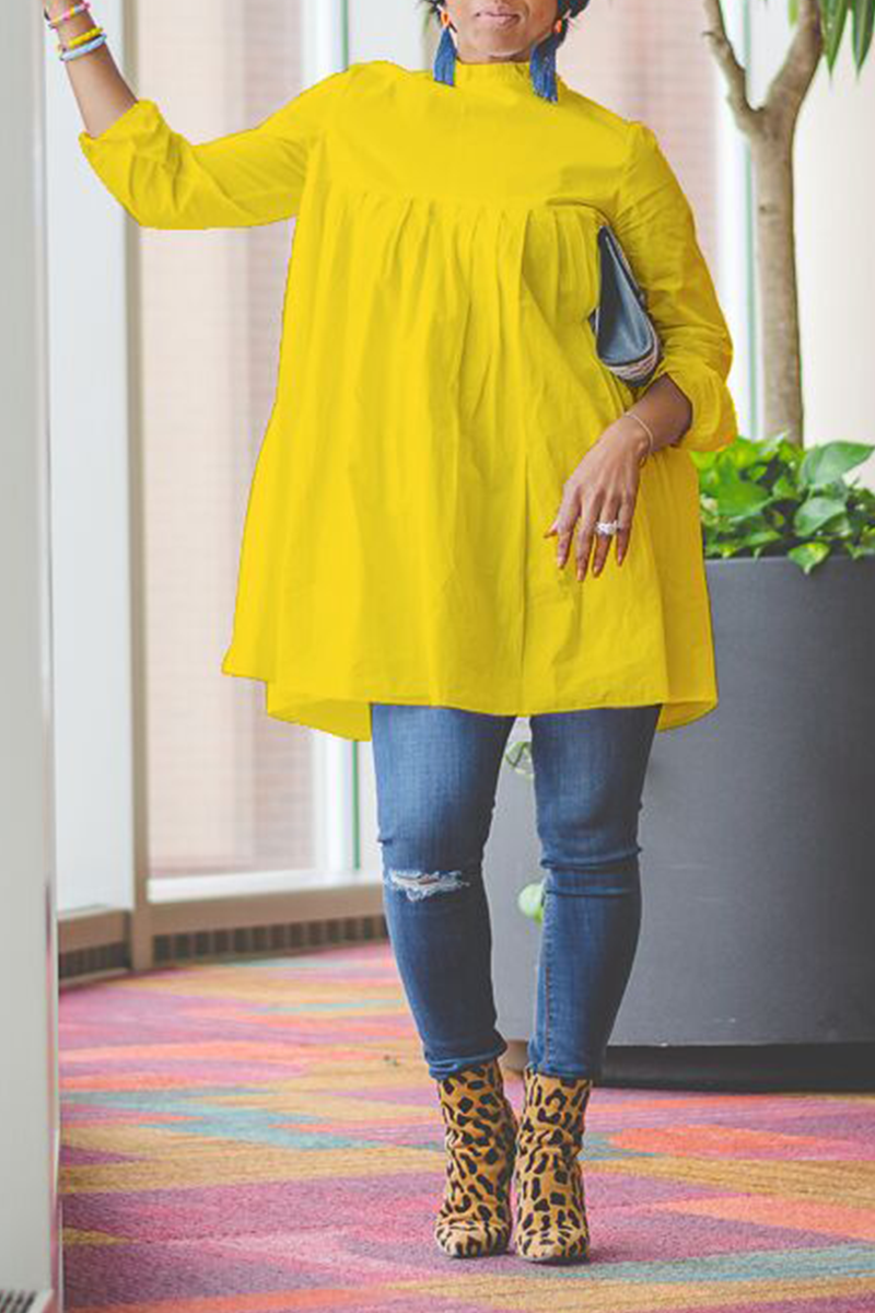 

Yellow Fashion Solid Color Pleated Top Shirt
