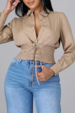 Apricot Fashion Casual Solid Bandage Patchwork Turndown Collar Tops