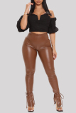 Camel Fashion Casual Solid Slit Skinny High Waist Pencil Trousers