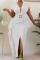 White Elegant Solid Patchwork Flounce Slit Asymmetrical V Neck One Step Skirt Dresses