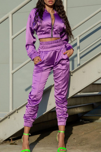 Purple Casual Solid Patchwork Mandarin Collar Long Sleeve Two Pieces