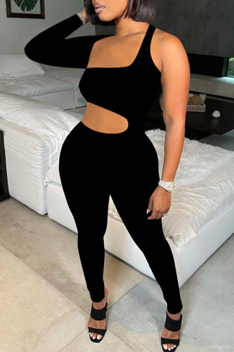 Black Sexy Solid Hollowed Out Patchwork Asymmetrical Asymmetrical Collar Skinny Jumpsuits