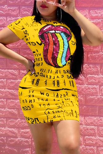 Yellow Fashion Casual Printed Short Sleeve Dress