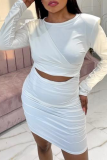 White Sexy Solid Split Joint O Neck Long Sleeve Two Pieces