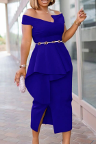 Blue Party Solid Patchwork Off the Shoulder Irregular Dress Dresses (without Belt)