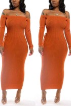 Orange Celebrities Patchwork Solid Off the Shoulder One Step Skirt Dresses