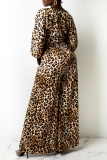 Leopard Print Sexy Print Patchwork V Neck Long Sleeve Two Pieces