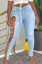 Light Blue Street Solid Bandage Hollowed Out Patchwork Plus Size Jeans