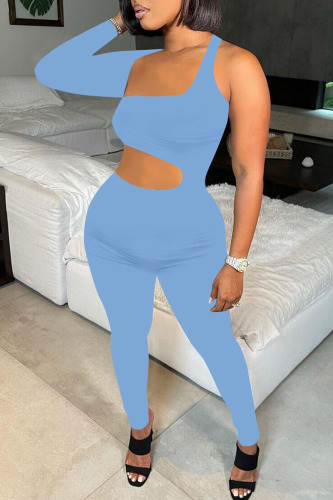 Blue Sexy Solid Hollowed Out Patchwork Asymmetrical Asymmetrical Collar Skinny Jumpsuits