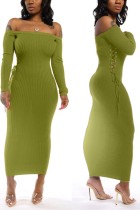 Green Celebrities Patchwork Solid Off the Shoulder One Step Skirt Dresses