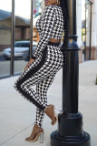 Black And White Sexy Print Split Joint O Neck Long Sleeve Two Pieces