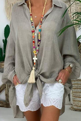 Grey Casual Solid Patchwork Buckle Asymmetrical Turndown Collar Tops