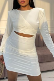 White Sexy Solid Split Joint O Neck Long Sleeve Two Pieces