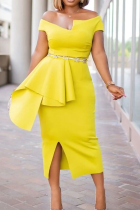 Yellow Party Solid Patchwork Off the Shoulder Irregular Dress Dresses (without Belt)