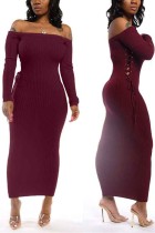 Wine Red Celebrities Patchwork Solid Off the Shoulder One Step Skirt Dresses