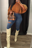 Brown Sexy Solid Patchwork Turtleneck Tops
