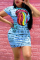 Light Blue Fashion Casual Printed Short Sleeve Dress