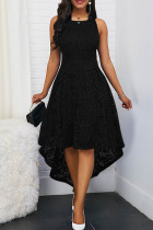 Black Elegant Solid Patchwork Asymmetrical O Neck A Line Dresses