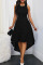 Black Elegant Solid Split Joint Asymmetrical O Neck A Line Dresses