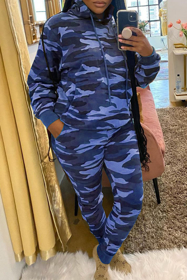 Blue Casual Camouflage Print Patchwork Hooded Collar Long Sleeve Two Pieces
