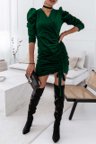 Green Elegant Solid Patchwork Draw String V Neck Pencil Skirt Dresses