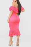Pink Sexy Off Shoulder Hollow Out Lace Dress