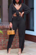 Black Sexy Solid Tassel Bandage Patchwork V Neck Long Sleeve Two Pieces