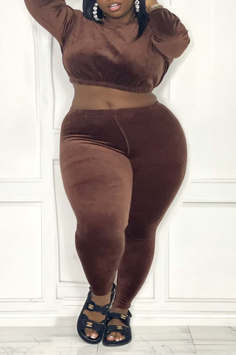Coffee Sexy Solid Patchwork O Neck Plus Size Two Pieces