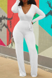 White Sexy Solid Bandage Patchwork V Neck Plus Size Jumpsuits